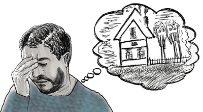 Illustration af en mand, som bekymret tænker på derhjemme