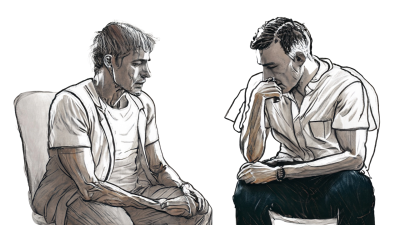 Illustration af to mænd, som har en alvorlig samtale. Den skal illustrere, hvordan Kirkens Korshærs arresthustjeneste arbejder
