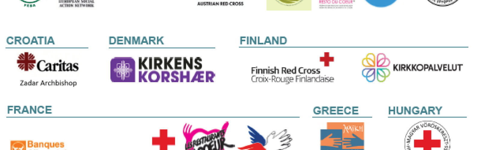 Logo fra 27 organisationer der appelerer til EU. Organisationer som Kirkens Korshær, Røde Kors i flere EU-lande, Caritas og andre.