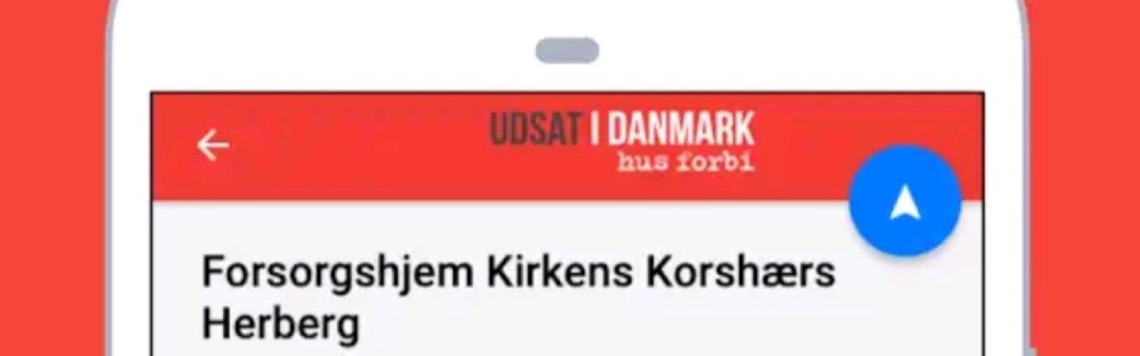 Screen shot af appen udsat i Danmark, der viser oplysninger på Kirkens Korshærs herberg