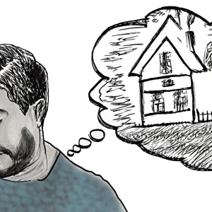 Illustration af en mand, som bekymret tænker på derhjemme