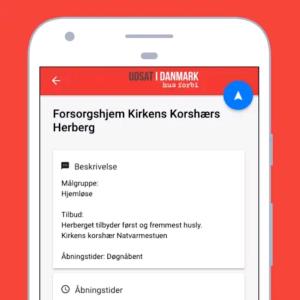 Screen shot af appen udsat i Danmark, der viser oplysninger på Kirkens Korshærs herberg