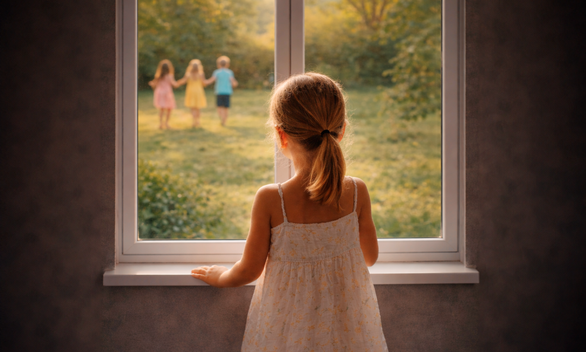 Pige kigger ud af vindue