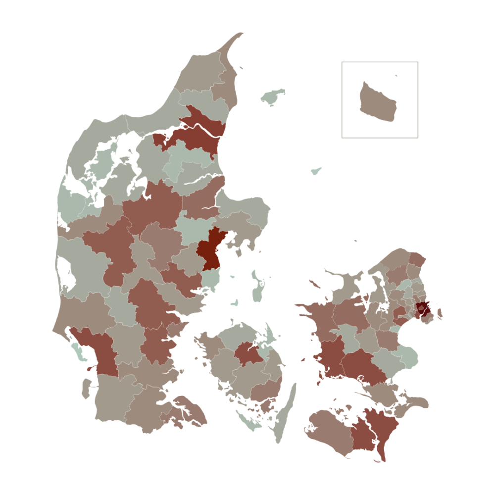 Danmarkskort med farveinddelinger ud fra, hvor i landet hjemløsheden er på sit højeste.
